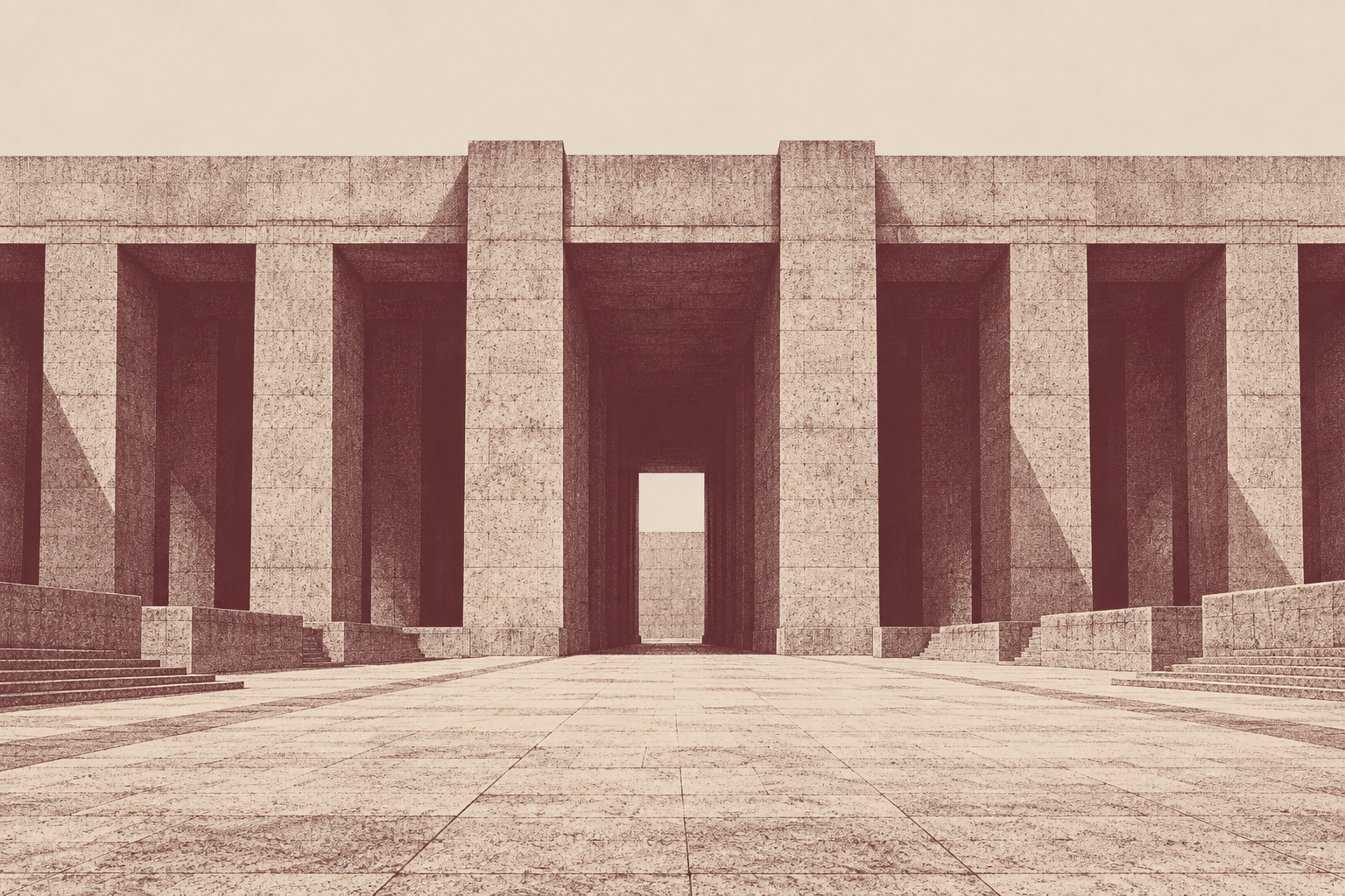 An illustrative monumental court with immense piers and a narrow passage, rendered in oxblood dither.